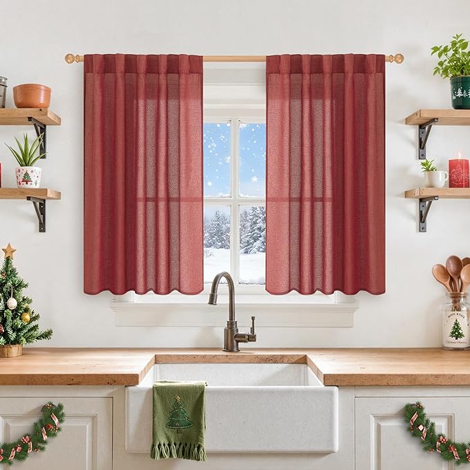 YoungsTex Burgundy Red Linen Kitchen Window Curtains 40 Inch Long, Short Light Filtering Drapes Semi Sheer with Rod Pocket Back Tab Christmas Decor for Bathroom Cafe Window, 2 Panels, 42 X 40 Inch