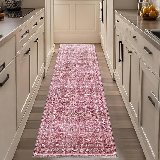 OPPODREAM Thin Vintage Hot Pink 2x8 Runner Rug, 2 x 8 Retro Washable Rug Non Slip, Low-Pile Faux Wool Carpet, Distressed Floor Mat for Kitchen, Hallway, Entry-Way, Entrance, Indoor Back Door