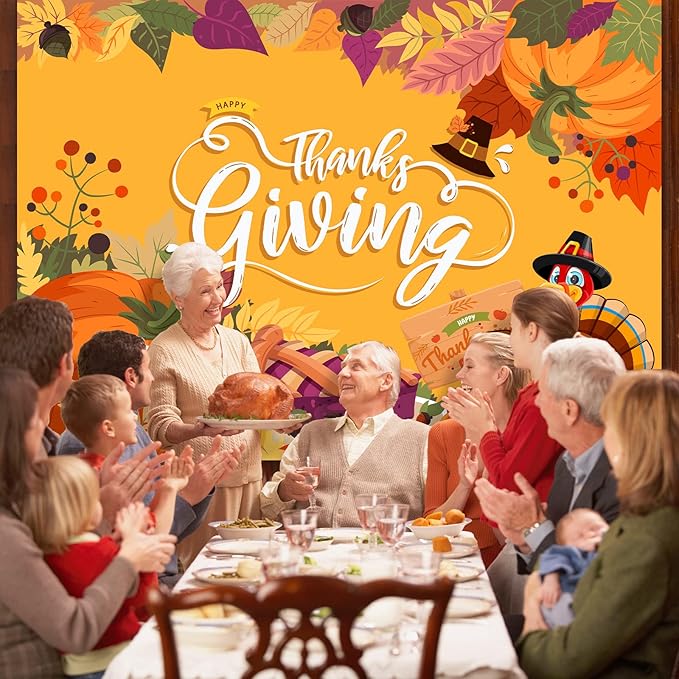 Thanksgiving Backdrop, 84" x 60" Orange Polyester Thanksgiving Banner with Pumpkin, Maple Leaf & Turkey Design, Great for Photo Booth, Wall Decor, Party Supplies