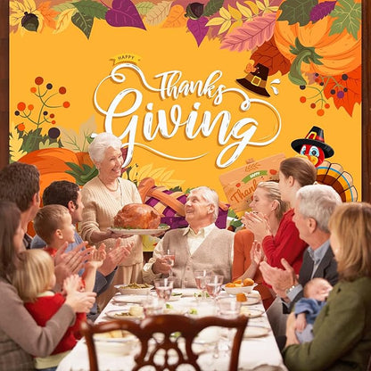 Thanksgiving Backdrop, 84" x 60" Orange Polyester Thanksgiving Banner with Pumpkin, Maple Leaf & Turkey Design, Great for Photo Booth, Wall Decor, Party Supplies