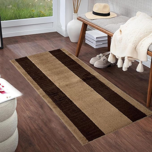 Washable Custom Size Runner Rug Meander Design Beige Brown, (2 Feet Length x 26 Inch Width) Custom Cut Slip Resistant Rubber Backing Runner Rugs, Extra Long Runner Rugs for Hallways