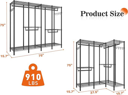 Raybee Clothes Rack Heavy Duty Clothing Racks for Hanging Clothes Loads 1100LBS, Garment Rack Freestanding for Bedroom, 75" H x 75" W x 15.7" D, Black