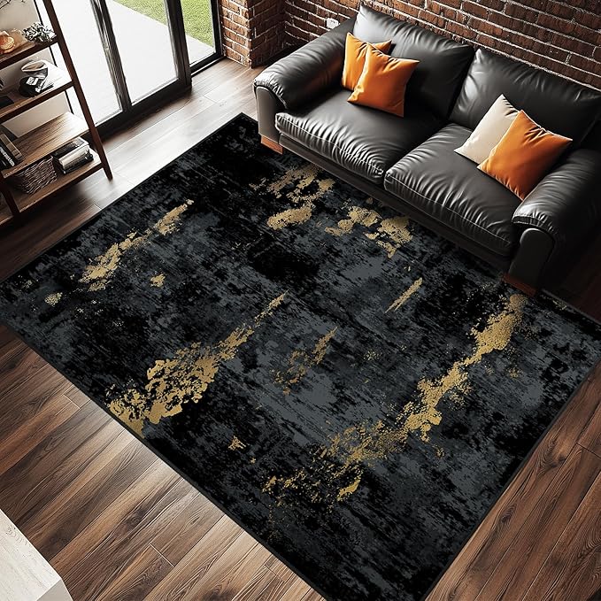 Washable Area Rugs 6'x9' Non-Slip Modern Abstract Soft for Living Room Entryway Bedroom Nursery, Print Pattern, Dark Black Gold