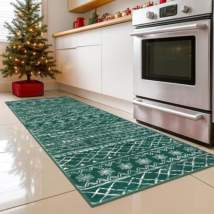 KUTA Christmas Washable Hallway Runner Rug, 2x6 Non-Slip Vintage Boho Rugs Kitchen Runners Green Ultra Soft Distressed Geometric Floor Carpet for Bedroom Laundry Living Room