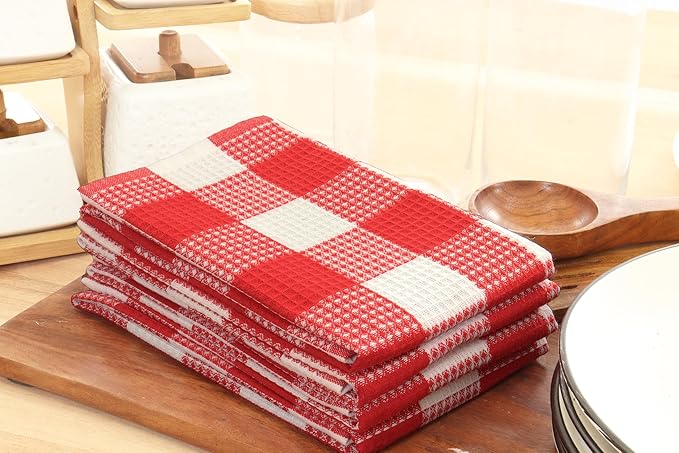 PurpleEssences 100% Cotton Waffle Weave Check Plaid Kitchen Towels, Super Soft and Absorbent Dish Towels for Drying Dishes 15x25-6 Pack - Christmas Holiday Winter - Red and White