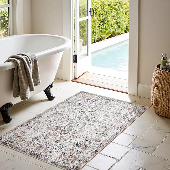 jinchan Area Rug 3x5 Washable Entryway Rug Vintage Door Mat Indoor Entrance Thin Retro Distressed Floral Doormat Country Boho Lightweight Non Slip Carpet for Bathroom Kitchen Bedroom Blue Multi
