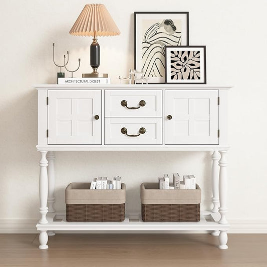Console Table with Drawers, White Vintage Entryway Tables with Storage and Shelf, Hallway Table with Turned Legs, Narrow Behind Couch Sofa Table for Entryway, Hallway, Living Room