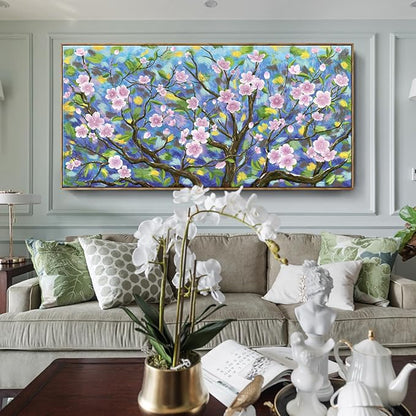 ARTZON Oversized Framed Wall Art for Living Room Large Pink Cherry Blossom Landscape Artwork Abstract Flower Tree of Life Floral Canvas Print Rustic Nature Horizontal Picture Bedroom Office 58"x29"
