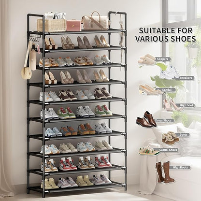 Shoe Rack, 10 Tier Shoe Storage Organizer with Hooks,Fit 40-45 Pairs Shoes,Nonwoven Fabric Tall Shoe Shelf for Closet,Entryway, Hallway,Garage,Bedroom,Cloakroom