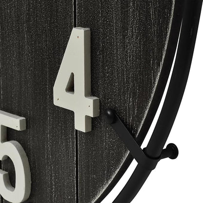 Large Old Town Farmhouse Wall Clock – 24 Inches Rustic Antique Wood with Metal Circle and Large Numerals, Silent Battery Operated Clock for Office, Kitchen, Bedroom, Living Room (Black)