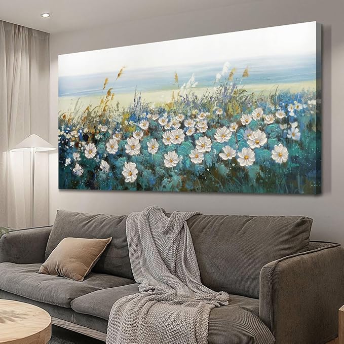 Arjun Flower Wall Art Bedroom Wall Decor, Oversize Extra Large Canvas White Daisy Floral Painting Landscape Picture Art Work for Living Room Textured Office Home Dining Room, Oversized 58"x29"