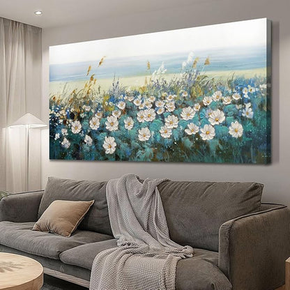 Arjun Flower Wall Art Bedroom Wall Decor, Oversize Extra Large Canvas White Daisy Floral Painting Landscape Picture Art Work for Living Room Textured Office Home Dining Room, Oversized 58"x29"