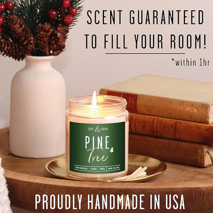 Pine Candle, Pine Scented Candles, Christmas Candles Scented - 'Pine Tree' Soy Candle, w/Fir Needles, Warm Cedar & Sandalwood - Infused with Essential Oils I 9oz, 50 Hour Burn, Handmade in USA