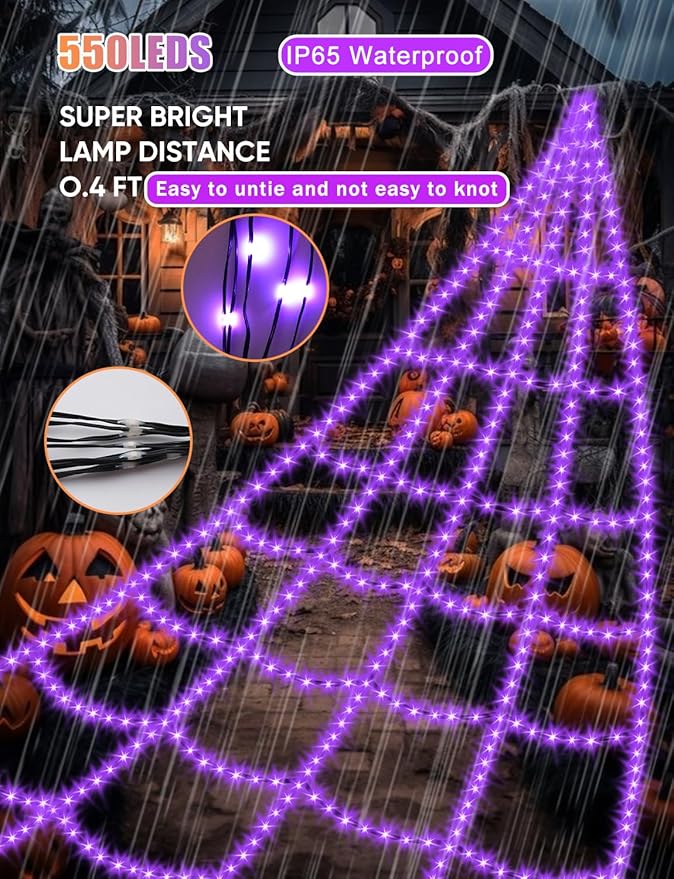 Halloween Decorations Outdoor Spider Web Lights - 16.4Ft Light Up Spider Web with 550 LEDs, Waterproof, 8 Modes Memory Function for Outdoor Yard Halloween Decorations (Without Spider)