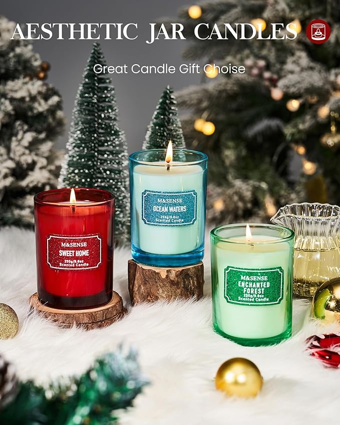 M&SENSE Cinnamon Apple Scented Candles, Christmas Candle 8.8 oz Glitter Jar Candles, Holiday Candles Gifts for Women, Strong Scented Natural Soy Candle for Christmas Home Decor, 50 Hours Long Burning