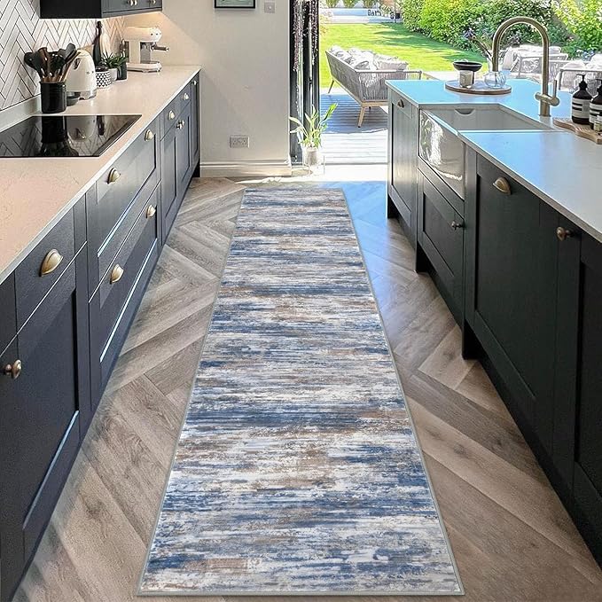 KOZYFLY Modern Abstract Kitchen Runner Rug, 2x10 Washable Rug Runner Non-Slip Soft Striped Hallway Runner Rugs, Blue Rust Print Carpet Runner for Entryway Bathroom Laundry Room Foyer