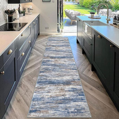 KOZYFLY Modern Abstract Kitchen Runner Rug, 2x10 Washable Rug Runner Non-Slip Soft Striped Hallway Runner Rugs, Blue Rust Print Carpet Runner for Entryway Bathroom Laundry Room Foyer