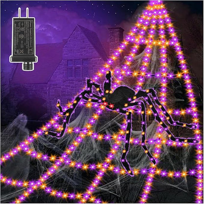 Spider Web Halloween Decorations Lights - 550 LEDs Outdoor Giant Halloween Decor 16.4ft Spider Web with 4ft Light-up Spider, 8 Modes, Waterproof&Timer for Yard Garden, Outside Party (with Spider)