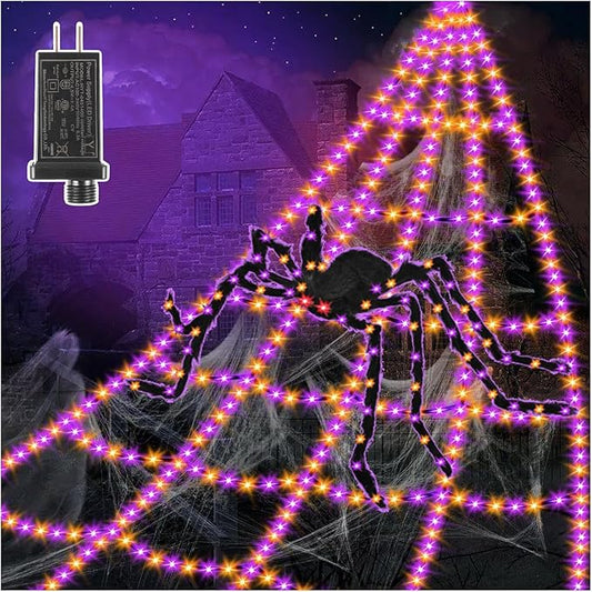 Spider Web Halloween Decorations Lights - 550 LEDs Outdoor Giant Halloween Decor 16.4ft Spider Web with 4ft Light-up Spider, 8 Modes, Waterproof&Timer for Yard Garden, Outside Party (with Spider)