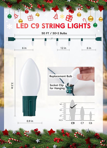 Vintage C9 LED Christmas Lights Outdoor, 50 Feet C9 String Lights with 50 Shatterproof Matte Bulbs, Connectable Waterproof Lights for Holiday Party Roofline Backyard Garden Patio, Pure White