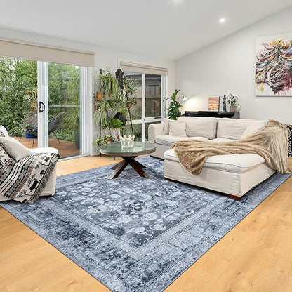 Area Rug 6×9, Large Vintage Boho Rug,Ultra-Soft Low Pile, Washable, Non Slip,Stain Resistant, Printed Carpet for Living Room Bedrooms Playroom Office Kitchen, Solid/Blue