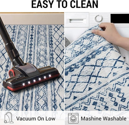KUTA Moroccan Area Rugs, 2x3 Blue White Entryway Rug Non-Slip Washable Small Indoor Door Mat, Ultra Soft Print Vintage Distressed Geometric Low-Pile Floor Carpet for Entrance Kitchen