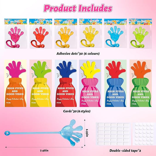 AYGXU valentines gifts for kids classroom-30pcs sticky hands for kids with cards bulk,party favors,slappy hands sticky,valentine exchange gift,goodie bags stuffers