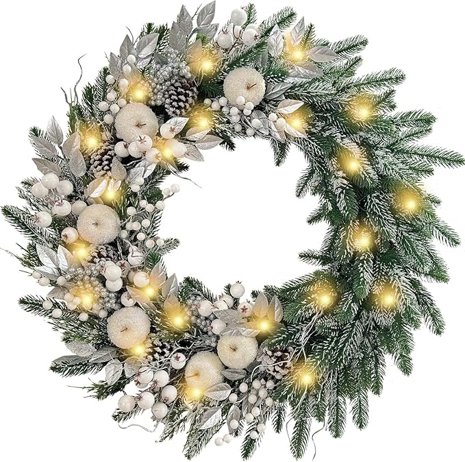 WANNA-CUL Pre-Lit 30 Inch Large Christmas Wreath for Front Door with 50 Led Lights,Silver White Lighted Christmas Door Wreath Decor with White Apples and Berries, Battery Operated