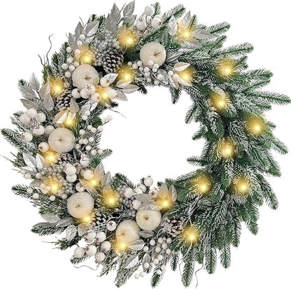 WANNA-CUL Pre-Lit 30 Inch Large Christmas Wreath for Front Door with 50 Led Lights,Silver White Lighted Christmas Door Wreath Decor with White Apples and Berries, Battery Operated