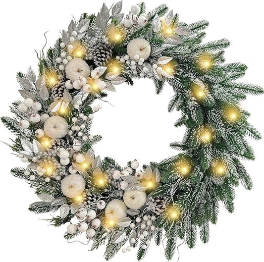 WANNA-CUL Pre-Lit 30 Inch Large Christmas Wreath for Front Door with 50 Led Lights,Silver White Lighted Christmas Door Wreath Decor with White Apples and Berries, Battery Operated