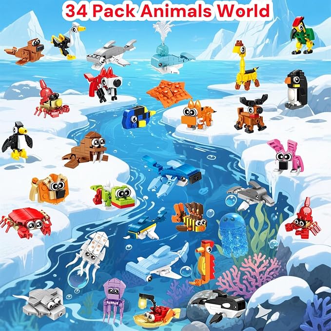 34 Packs Party Favors for Kids, Ocean Animal Building Blocks for Goodie Bags Stuffers Classroom Prizes, Valentines Day Birthday Gifts for Boys Girls Ages 6+