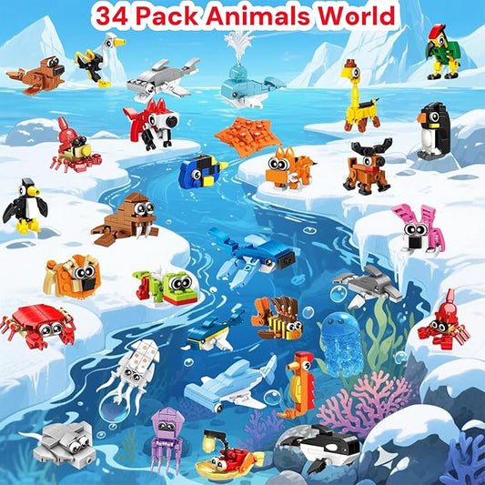 34 Packs Party Favors for Kids, Ocean Animal Building Blocks for Goodie Bags Stuffers Classroom Prizes, Valentines Day Birthday Gifts for Boys Girls Ages 6+