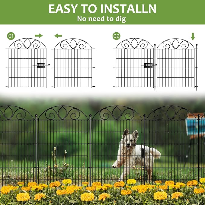 10 Panels No Dig Tall Garden Fence with Gate – 34" H X 22' L Rustproof Metal Dog Fences Outdoor for Yard, Decorative Animal Barrier Fence for Pet, Garden Border, Patio, Flower | Temporary Fencing