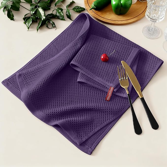 Kitinjoy 100% Cotton Kitchen Towels and Dishcloths Set, 8 Pack Waffle Weave Dish Towels Ultra Soft Absorbent Quick Drying Dish Rags, 13 x 28 Inch and 12 X 12 Inch, Eggplant