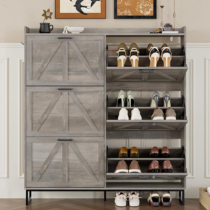 Shoe Cabinet with 6 Flip Drawers Narrow Shoe Storage Cabinet Organizer Wooden Freestanding Shoe Rack Hidden Slim Shoes Storage Cabinet for Entryway, Hallway, Living Room, Bedroom