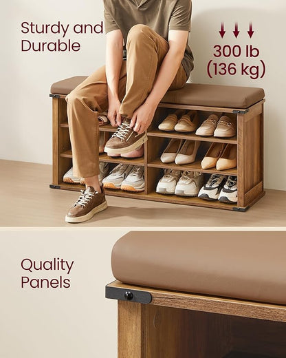 VASAGLE Shoe Storage Bench with Removable Cushion, Shoe Rack with Padded Seat, Entryway Bench with 6 Open Compartmens, Adjustable Shelves, for Hallway, Bedroom, Honey Brown ULSB105K01