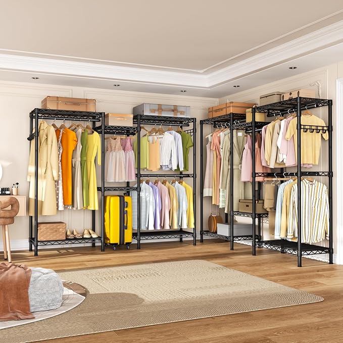 Heavy Duty Garment Rack Clothes Rack,Large Metal Closet Organizer System Storage Wardrobe,Freestanding Clothing Rack with 7 Adjustable Wire Shelves&2 Hang Rods,MaxLoad 1000lbs