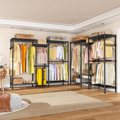 Heavy Duty Garment Rack Clothes Rack,Large Metal Closet Organizer System Storage Wardrobe,Freestanding Clothing Rack with 7 Adjustable Wire Shelves&2 Hang Rods,MaxLoad 1000lbs
