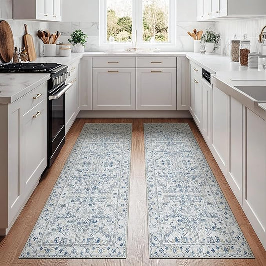 jinchan Kitchen Runner Rug 2x8-2pcs, Bohemian Hallway Washable Rug Floral Non Slip with Rubber Backing Vintage Carpet Runner for Bedroom Bathroom Laundry Room Living Room Decor Blue