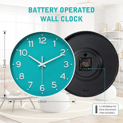 MEIRED Wall Clock 12 Inch Silent Non Ticking Battery Operated Round Wall Clock Modern Simple Style Decor Clock for Home/Office/School/Kitchen/Bedroom/Living Room, Teal and White