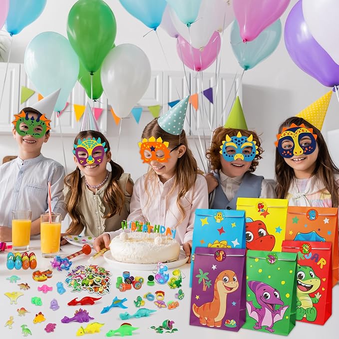 352PCS Dinosaur Party Favors, Dinosaur Birthday Party Decorations Supplies - Stickers Keychains Goodie Bags for Kids Birthday Return Gifts, Dino Slingshot Finger Fidget Toys Bulk