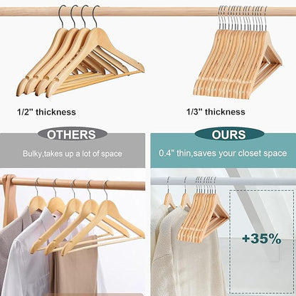 Quality Hangers Premium Slim Wooden Hangers 30 Pack - Thin Space Saving Hangers with 360 Degree Swivel Hook & Shoulder Groves Types of Clothing – Natural (30, Natural)