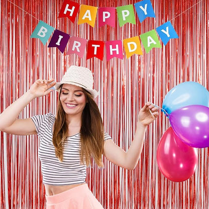 Foil Fringe Curtains Christmas Decorations - Melsan 3 Pack 3.2 x 8.2 ft Tinsel Curtain Party Photo Backdrop for Birthday Party Baby Shower or Graduation Decorations (Pure red)