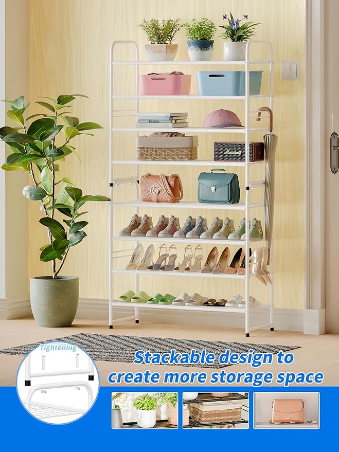 SUFAUY 33" Wide Shoe Rack, 4-Tier Shoe Storage Rack for 20-25 Pairs of Shoes, Shoe Organizer for Entryway, Stackable, Heavy Duty, Steel Frame, Industrial, White