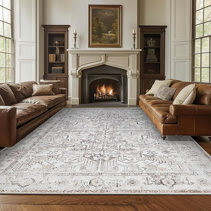 jinchan 9x12 Machine Washable Area Rugs for Living Room - Vintage Floral Stain Resistant Low Pile Ultra-Thin Non Slip Accent Rug for Bedroom Kitchen Dining Room Home Office (9x12ft,Taupe)