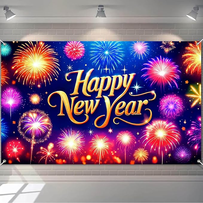 Happy New Year Banner 2026 71 x 43 Inch Fireworks Photo Backdrop Colorful New Year Eve Party Wall Decoration Banner for Indoor Outdoor Celebration Home Event Decor