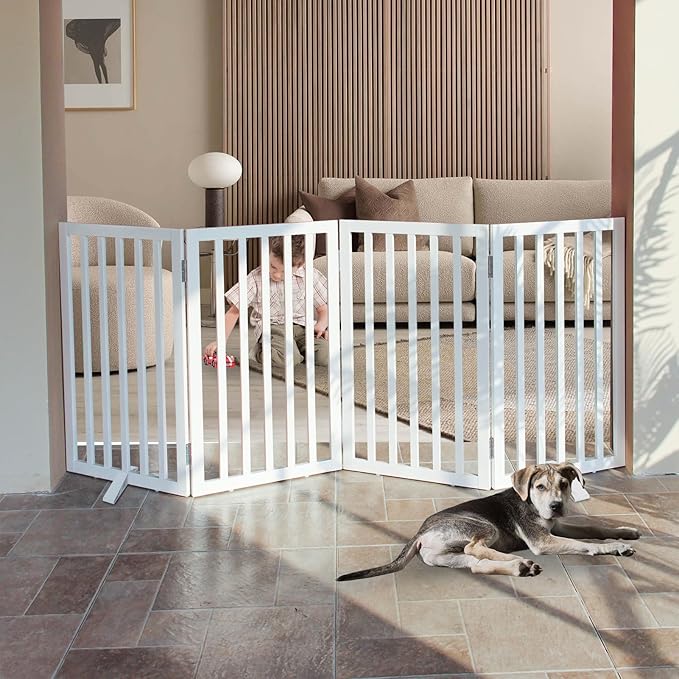 Dog Gate Indoor, Freestanding Dog Fence for The House, Doorways, Hallways,or Stairs,Pet Gate Foldable Wooden,Expandable 32" Height 4 Panels,White