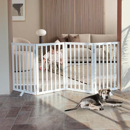 Dog Gate Indoor, Freestanding Dog Fence for The House, Doorways, Hallways,or Stairs,Pet Gate Foldable Wooden,Expandable 32" Height 4 Panels,White