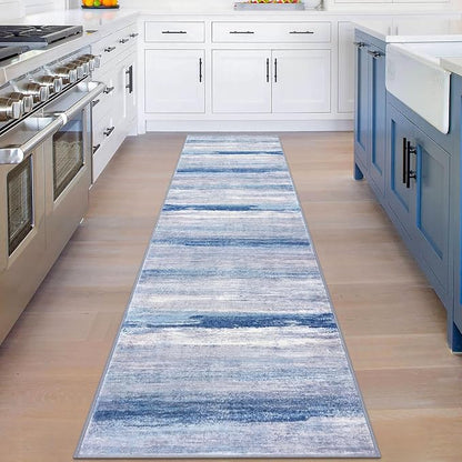 KOZYFLY Modern Abstract Hallway Runner Rug, 2x8 Washable Rug Runner Non-Slip Soft Striped Kitchen Runner Rugs, Print Blue/Grey/Beige Carpet Runner for Entryway Bathroom Laundry Room Foyer