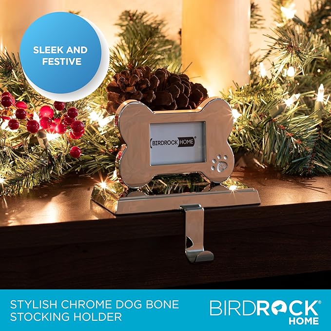 BIRDROCK HOME Christmas Stocking Holders for Mantle - Weighted Metal Hanger for Stockings & Holiday Decor - Sturdy Metal Hook for Fireplace, Staircase & Shelf - Non-Scratch Base - Dog Bone Photo